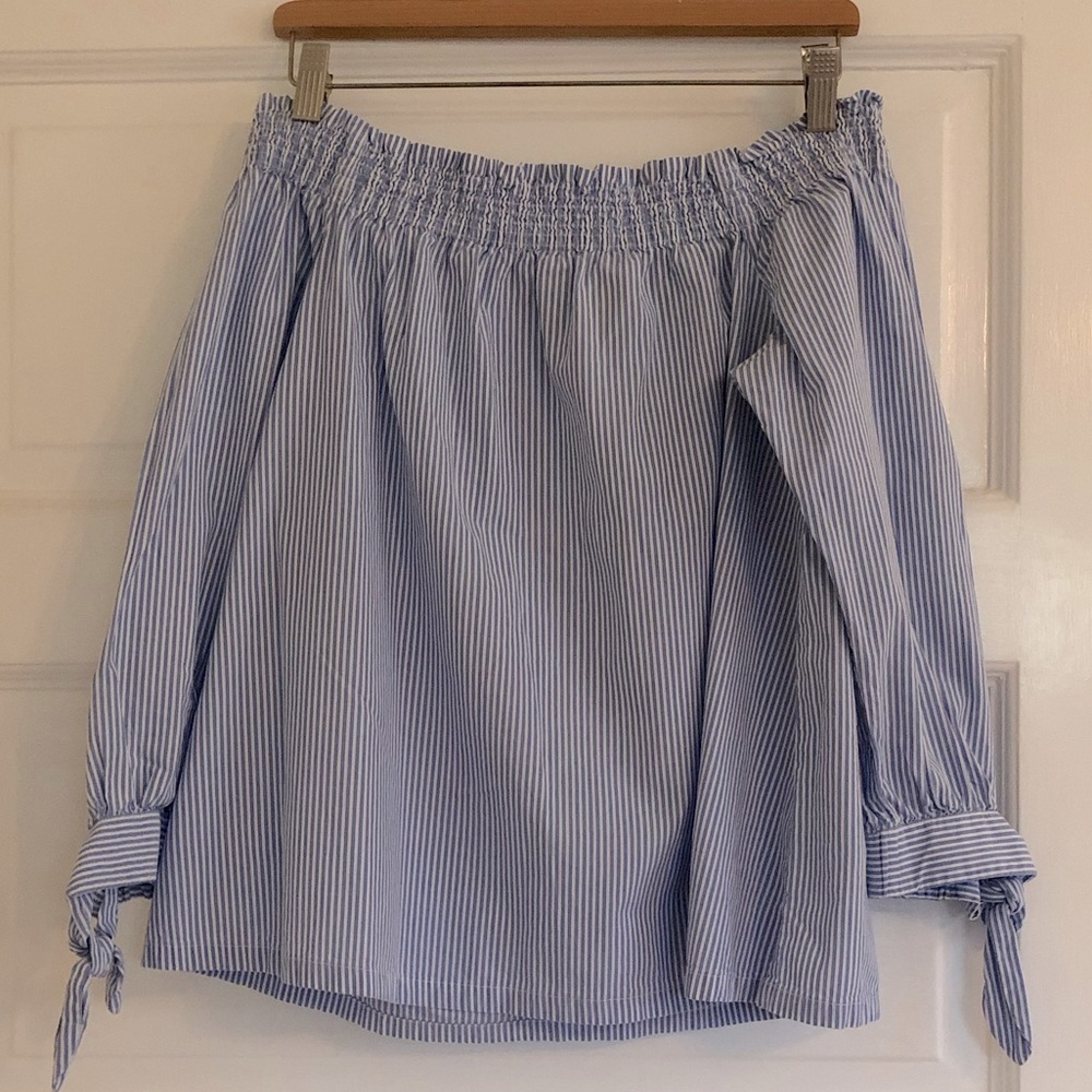 Loft off the shoulder blue pinstripe seersucker blouse
